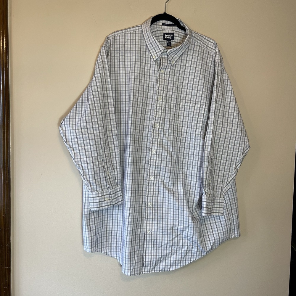 Lands End Mens 18.5 34/T Cotton No Iron Plaid Button Down Shirt White Gray